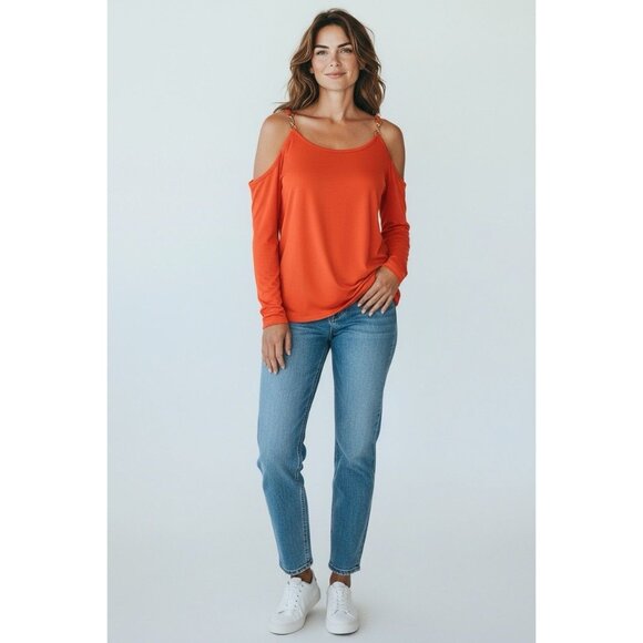 Michael Kors Cold Shoulder Chain Detail Blouse Top Orange S - Picture 2 of 5